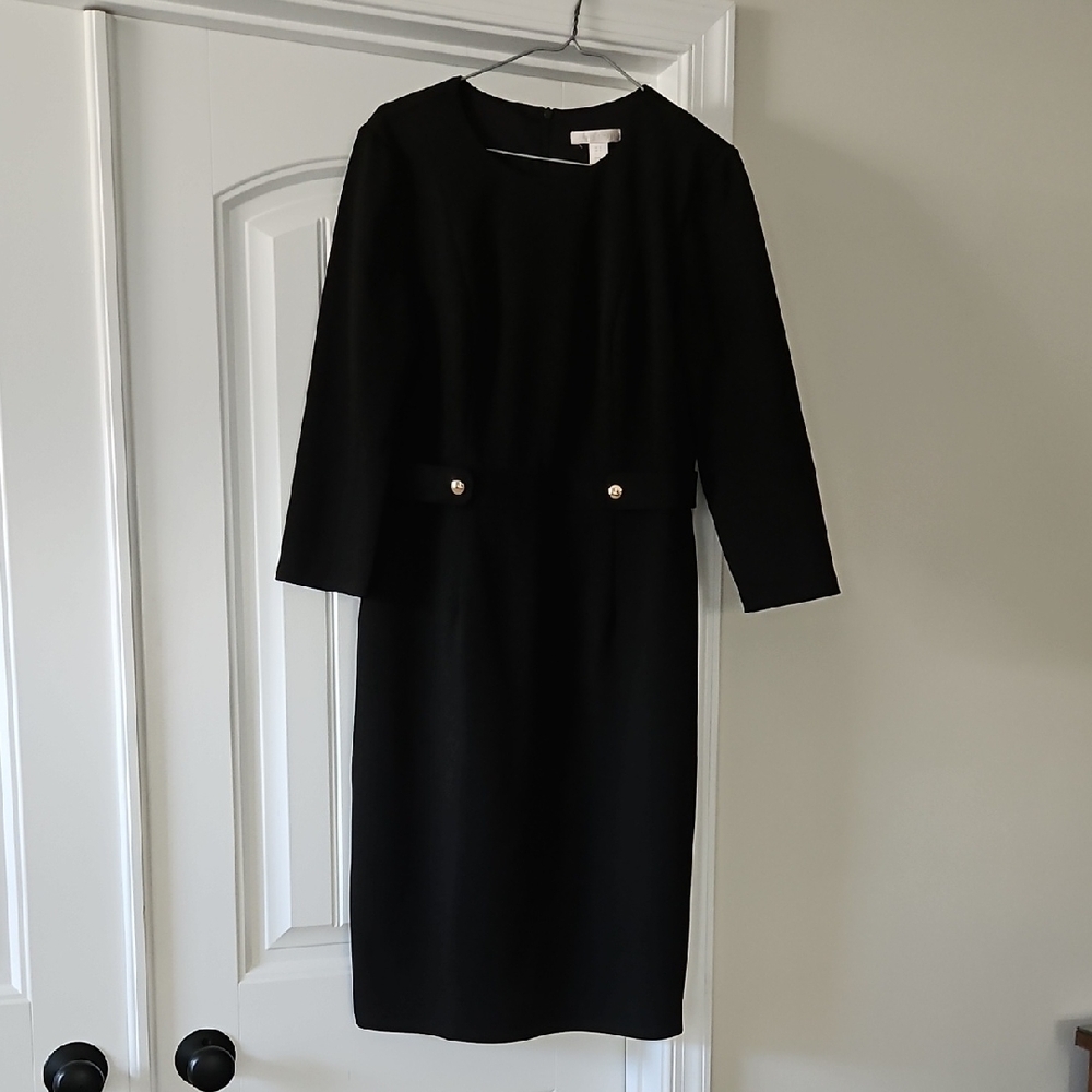 London Times Black Long-Sleeve Sheath Dress with Button Accent